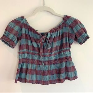 Free People cropped babydoll blouse with keyhole tie (xs, color wine/blue plaid)